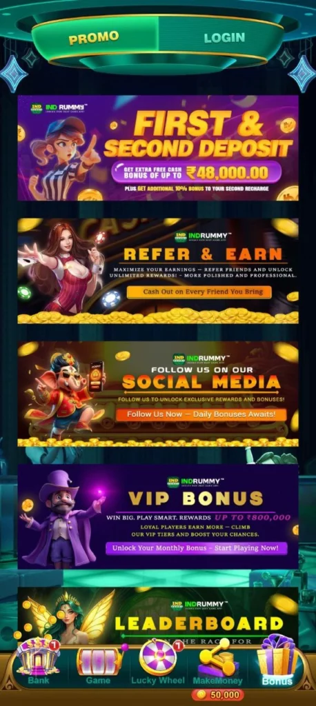 IND Rummy Apk game interface with Yono bonus offer banner.